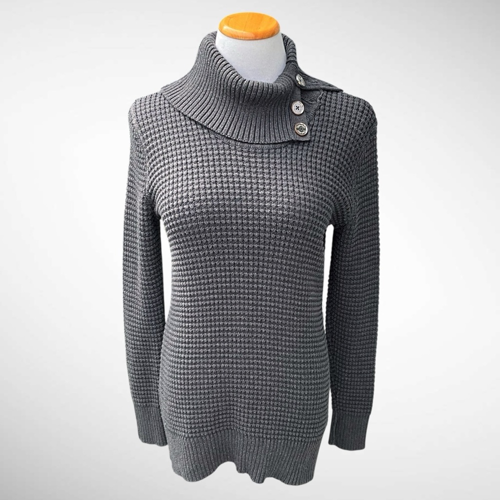 Calvin Klein Gray Turtleneck Long-Sleeve Sweater with Button Detail - Picture 3 of 12